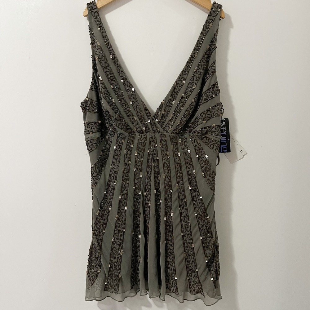 Adrianna Papell Evening Essentials Beaded Sequin V-Neck Top Mushroom Gray Sz 14